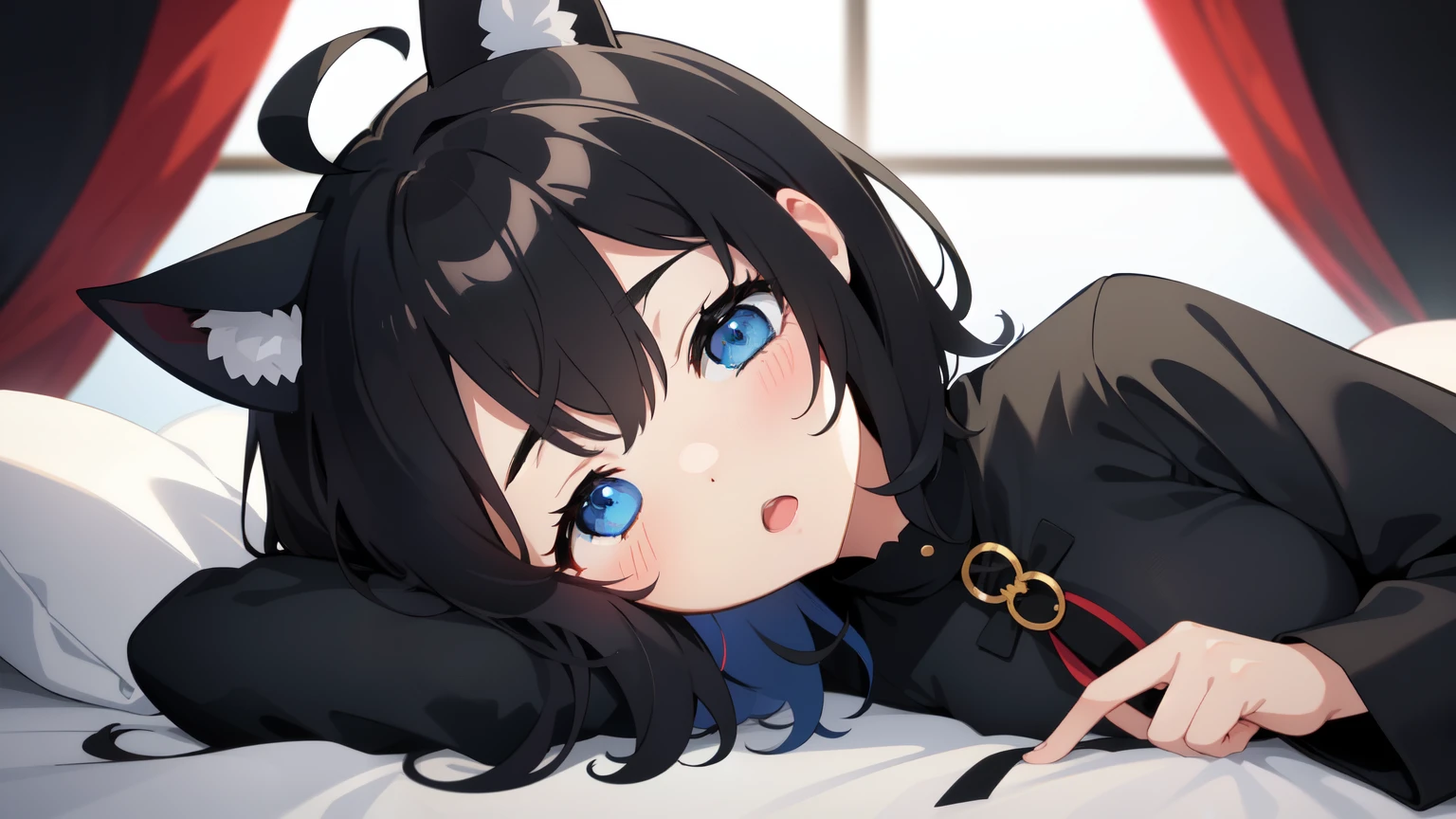 looking at the viewer, 1人のgirl, open your mouth, drunk face、girl、((highest quality, expensive_solve, clear_image)),(black hair), (black cat ears), (Ahoge), (ridiculously short hair), (wavy hair), (blue eyes)、very big breasts,wore a dress、background night road、Closed eyes、Lying down、face close up