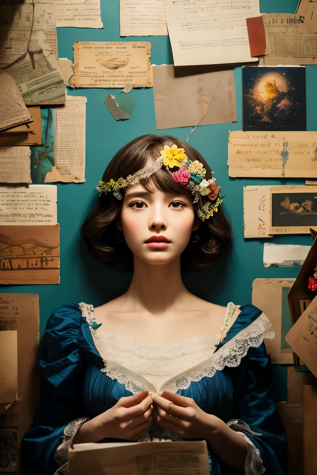 화려한 소녀의 very detailed 알코올 잉크 그림, Created on a patchwork of mixed media masterpieces of stress-free vintage script paper., temporary, torn cardboard, vintage newspaper, vintage sheet music, wax seal, Dress made of paper ruffles and life-size elegant lace, in style [junk journal, double exposure, Same as body size, Greg Simpkins, mark davis, Oliver Jeffers, Andy Kehoe], cinematic, very cool, very detailed, 8 thousand, the fog disappeared
