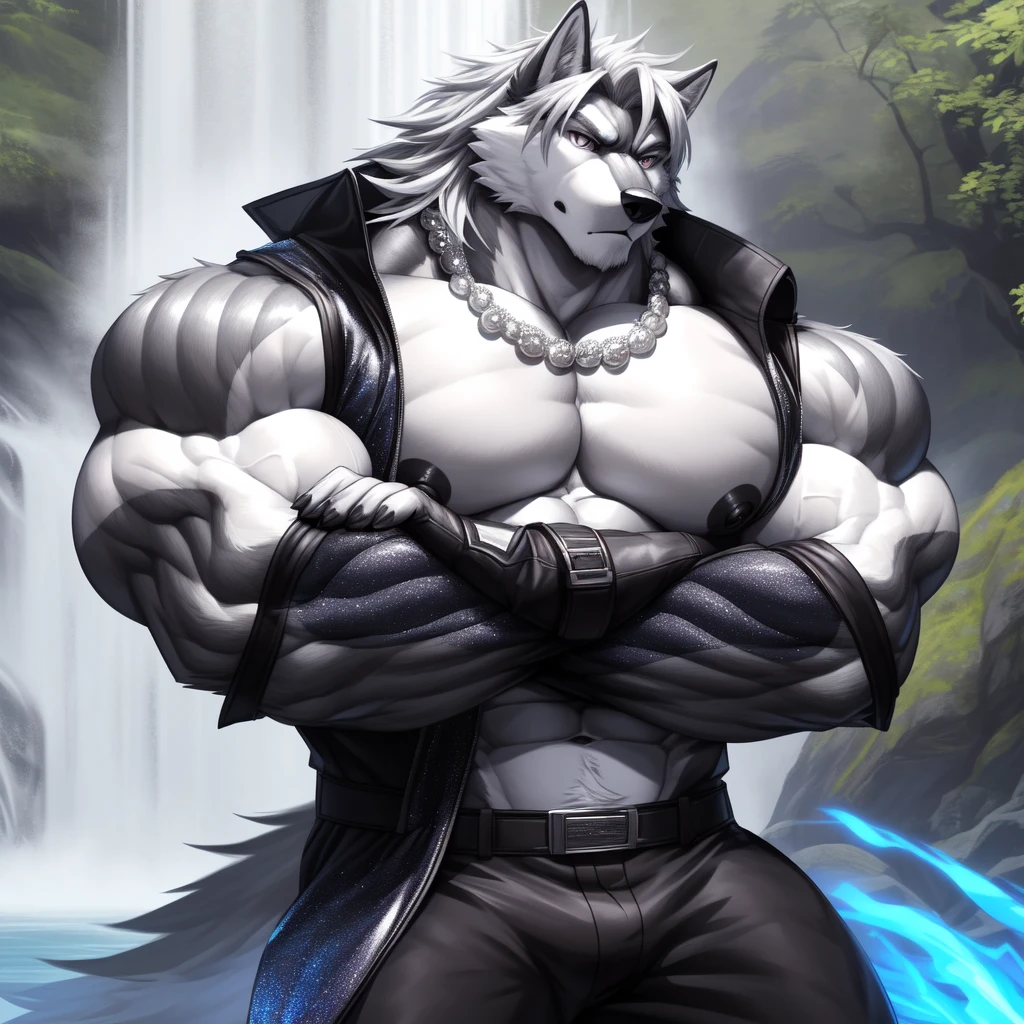 (upload on e621) (Masterpiece) (by Drks) (best quality) (ultra high res) 4K (8k HD) 2D (perfect anatomy) (digital art) (official art) (extreme detailed) (ultra detailed) (strapsanime) color (soft shading) (sharp focus) (waterfall background) 1man silver body fur silver belly detailed fluffy fur (ultra detailed face) detailed eyes detailed iris eyes detailed silver eyes (white sclera) black pupils big navel abs bare pectoral (((huge black shiny nipples))) black claw nails furry wolf male mature male silver giant bulky muscular body fur giant size canid (((huge muscles))) (((hyper muscles))) huge pecs (((oversize pecs))) huge biceps (((giant biceps))) (((fullbody))) canine canis mammal powerful wolf god wolf male calm cool collected demeanor face badass wolf anthro solo standing (((wearing silver full complete sleeveless long trench coat jacket))) (((silver longest length hair))) (((silver longest length back fur hair))) (((silver longest length hair fur front lay on pecs))) (((perfect fingers))) (((five fingers))) dark black hands and fingers (((wearing silver fingerless gloves))) (((silver arm bands on his biceps))), (((three silver arm bands on his forearms))) (((dark black huge bead necklaces))) (((dark black huge longer bead necklaces around neck to pecs))) (((silver long wolf tail))) (((black long pants with silver lines with belt straps on both legs))) (((silver electricity and glitter aura flow entire body))) (((silver glowing aura his entire body))) (((crossed arm pose)))
