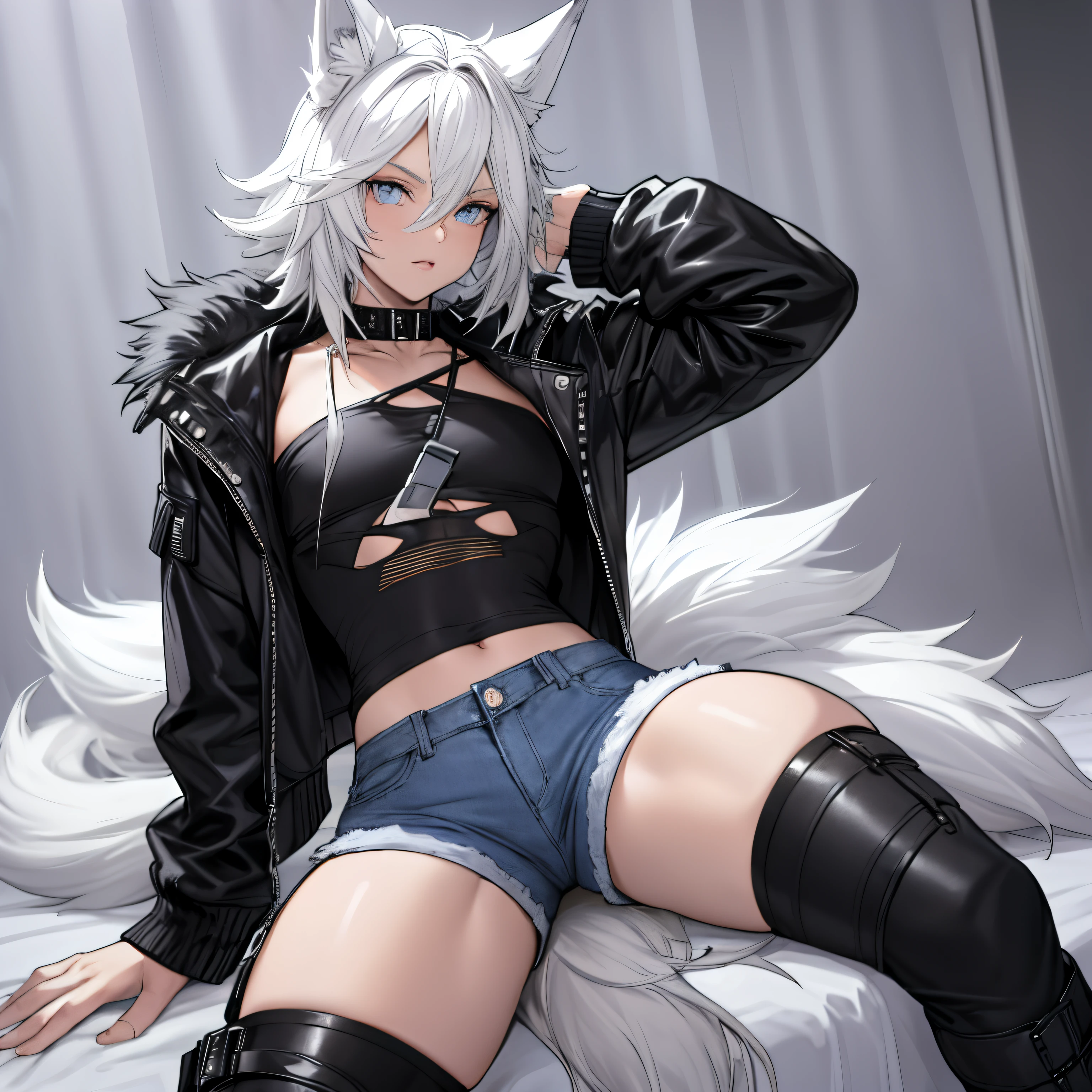 Single boy, Anime Femboy, Short, Long white hair, wolf ears, wolf tail, blue eyes, wearing short denim shorts, thigh high fishnets, black combat boots, wearing fur lined open jacket, flat chest, super flat chest, wearing cropped t-shirt, solo femboy, only one femboy ((FLAT CHEST)) solo, alone, (SOLO)(ALONE) thicc thighs, wide hips, blue eyes, perfect eyes, perfect face, pouty lips, happy