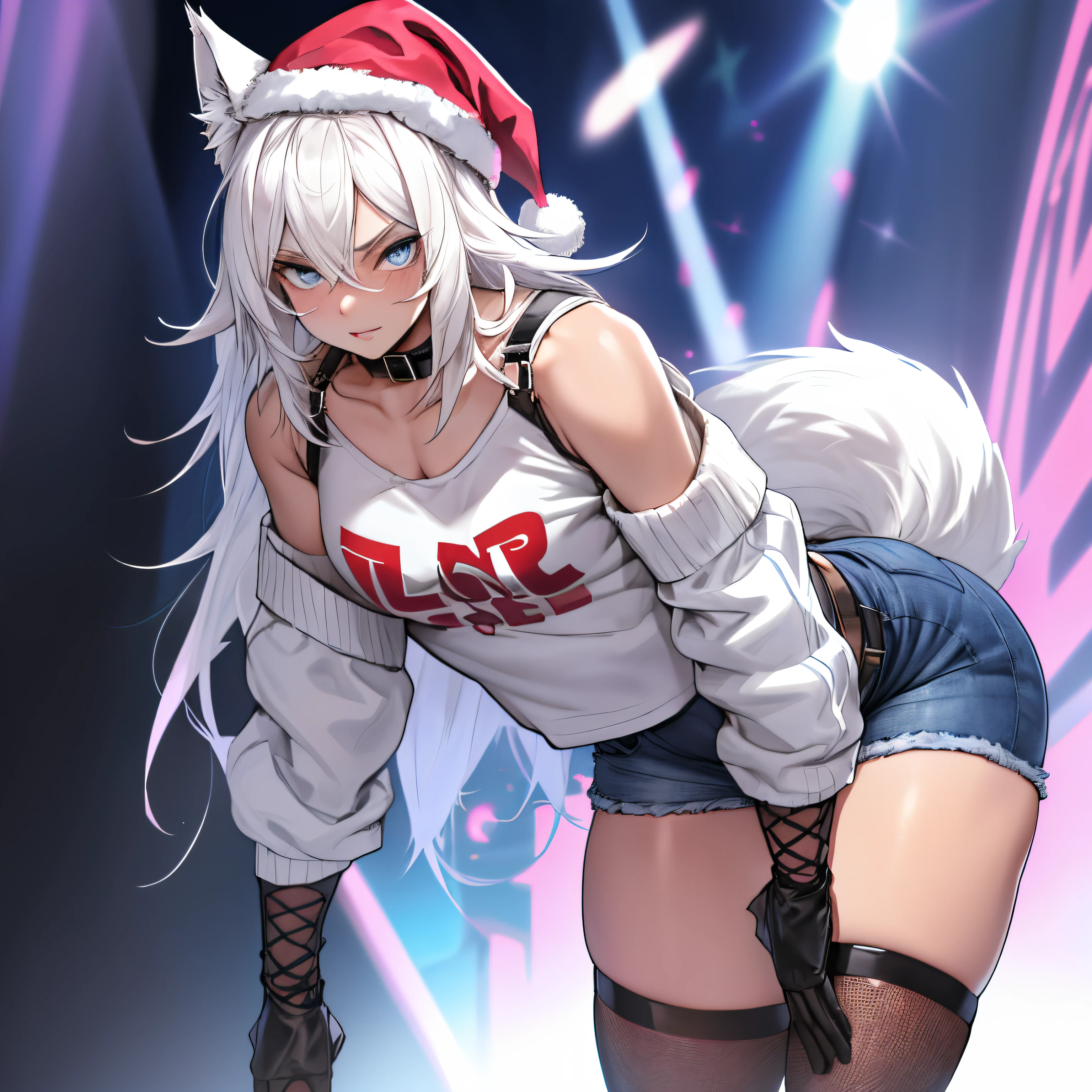 Single boy, Anime Femboy, Short, Long white hair, wolf ears, wolf tail, blue eyes, wearing short denim shorts, thigh high fishnets, black combat boots, wearing fur lined open pink jacket, flat chest, super flat chest, wearing cropped t-shirt, solo femboy, only one femboy ((FLAT CHEST)) solo, alone, (SOLO)(ALONE) thicc thighs, wide hips, blue eyes, perfect eyes, perfect face, pouty lips, happy, curvy, sparkly blue eyes, wearing santa hat