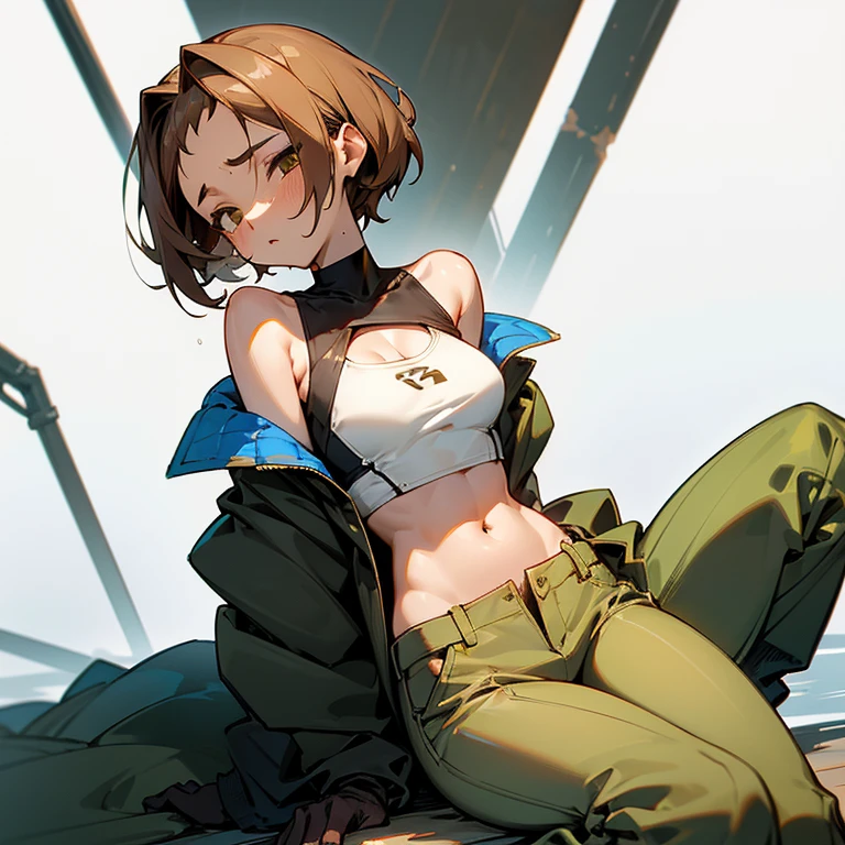 sexy、sex appeal、sex appealがすごい、Overflowing pheromones、sitting with hands on chest、slender、big breasts、Goggles on foreheadをつけている、small ass、A slender and delicate mechanic girl、Roomy clothes、Dowel dowel trousers、オーバーサイズのoff shoulderのジャケット、oversized cargo pants、It's a bellybutton、Front zip high neck top、crop top、bare shoulders、off shoulder、work gloves、Goggles on forehead、brown skin、Middle hair、slender、big breasts、cleavage、choker、high leg pants、hot air、Sweat、