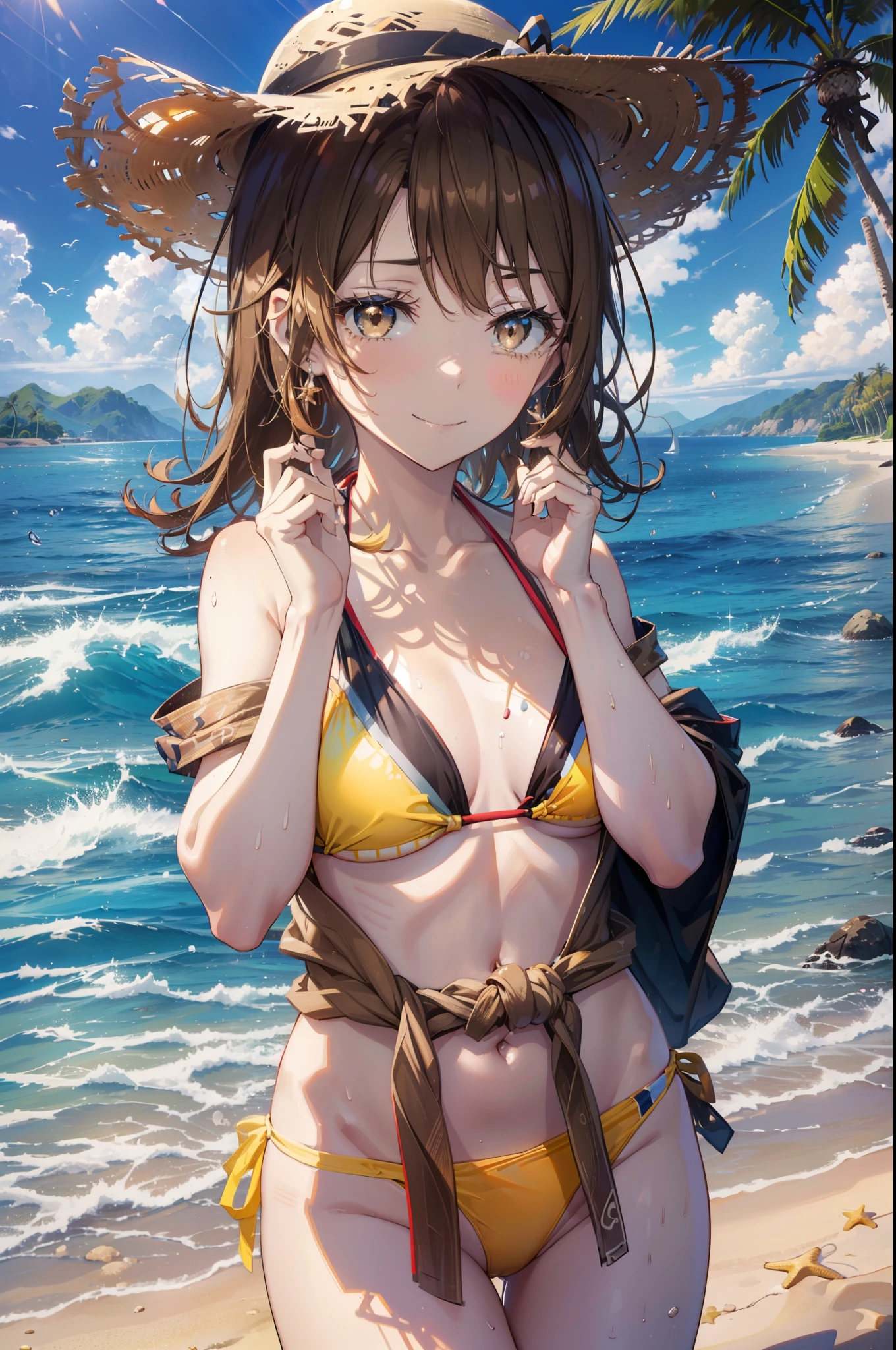 irohaisshiki, iroha isshiki, long hair, brown hair, (brown eyes:1.5), medium chest,happy smile, smile, open your mouth,smile,big straw hat,yellow bikini swimsuit,naked belly,A thin, long yellow blanket is wrapped around her waist., barefoot, beach outfit,real summer,Palm tree, 砂浜
break outdoors, beach,
break looking at viewer,
break (masterpiece:1.2), highest quality, High resolution, unity 8k wallpaper, (figure:0.8), (detailed and beautiful eyes:1.6), highly detailed face, perfect lighting, Very detailed CG, (perfect hands, perfect anatomy),