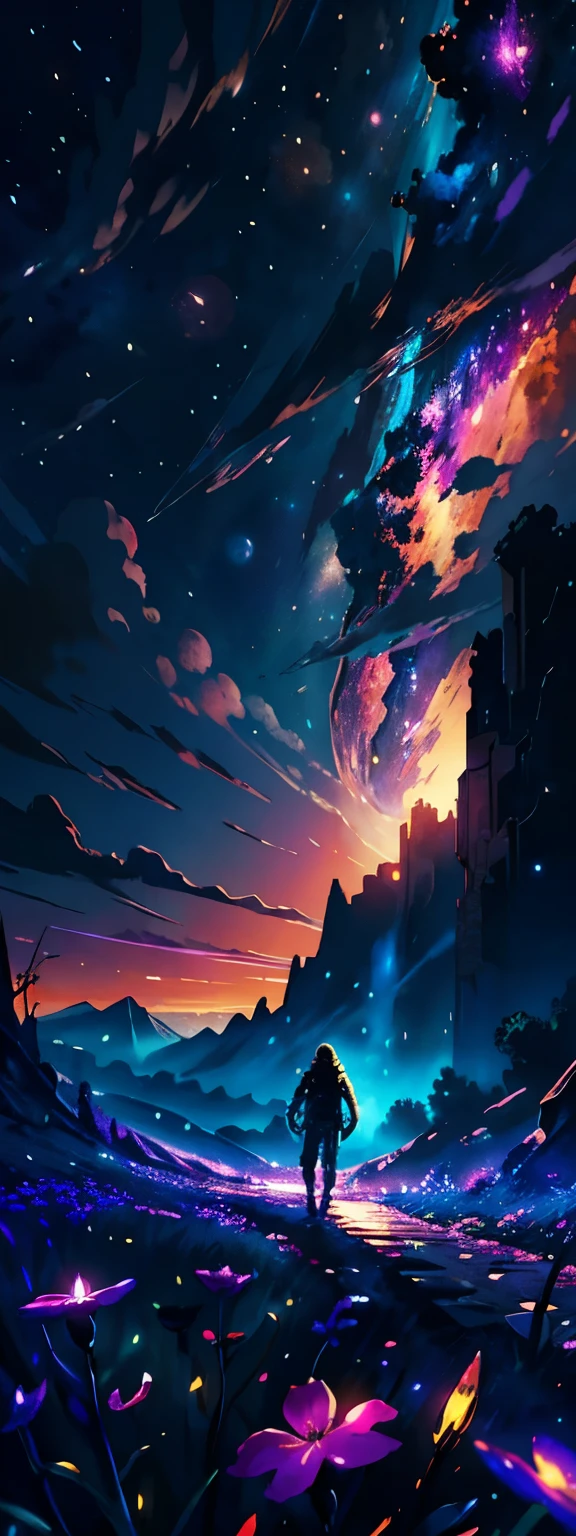 expansive landscape photograph , (a view from below that shows sky above and open field below), a girl standing on flower field looking up, (full moon:1.2), ( shooting stars:0.9), (nebula:1.3), distant mountain, tree BREAK
production art, (warm light source:1.2), (Firefly:1.2), lamp, lot of purple and orange, intricate details, volumetric lighting BREAK
(masterpiece:1.2), (best quality), 4k, ultra-detailed, (dynamic composition:1.4), highly detailed, colorful details,( iridescent colors:1.2), (glowing lighting, atmospheric lighting), dreamy, magical, (solo:1.2)