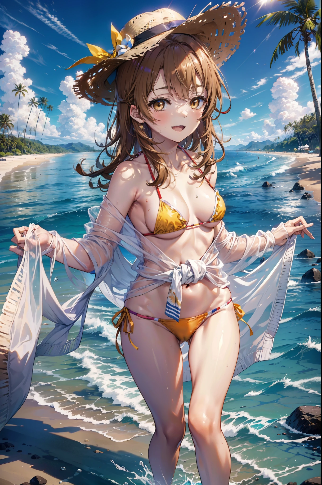 irohaisshiki, iroha isshiki, long hair, brown hair, (brown eyes:1.5), medium chest,happy smile, smile, open your mouth,smile,big straw hat,yellow bikini swimsuit,naked belly,A thin, long yellow blanket is wrapped around her waist., barefoot, beach outfit,real summer,Palm tree, 砂浜
break outdoors, beach,
break looking at viewer,
break (masterpiece:1.2), highest quality, High resolution, unity 8k wallpaper, (figure:0.8), (detailed and beautiful eyes:1.6), highly detailed face, perfect lighting, Very detailed CG, (perfect hands, perfect anatomy),
