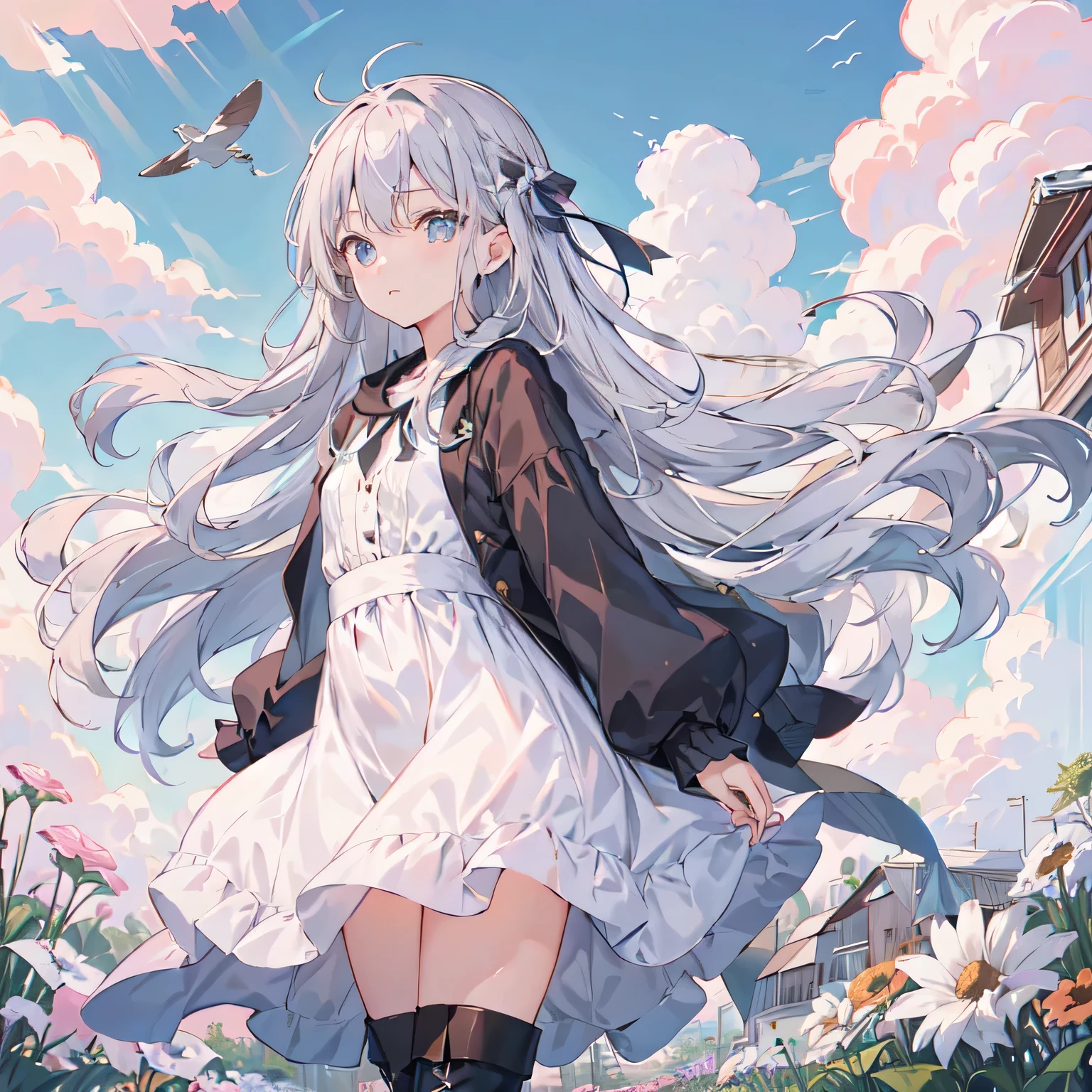  (fly in the sky in a small airplane )、Perfect face and blonde hair、Wearing a light summer dress、A beautiful woman wearing black boots、blue summer,、cloud、Wind、sun、 meadows and fields、