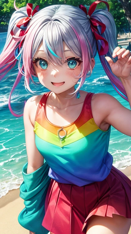 (rainbow colored hair, colorful hair, half silver、half pink hair: 1.2), ,long hair、(Cinematic digital artwork: 1.3), high quality, table top, Turquoise eyes、最high qualityの, Super detailed, figure, [4K digital art]!!、 Kyoto animation style, one woman, clavicleの美しさ, clavicle, light, want, , positive, Dead leaves dance、（Ocean、sandy beach）、full moon、On a tree-lined street、taking a walk、((red、trendy clothes))、（（Scarlet、Polka dot unset, motivation, shine, dynamic perspective、Blue glasses、Green ribbon、twin tails、embarrassed face、cute face、happy face