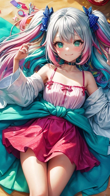 (rainbow colored hair, colorful hair, half silver、half pink hair: 1.2), ,long hair、(Cinematic digital artwork: 1.3), high quality, table top, Turquoise eyes、最high qualityの, Super detailed, figure, [4K digital art]!!、 Kyoto animation style, one woman, clavicleの美しさ, clavicle, light, want, , positive, Dead leaves dance、（Ocean、sandy beach）、full moon、On a tree-lined street、taking a walk、((red、trendy clothes))、（（Scarlet、Polka dot unset, motivation, shine, dynamic perspective、Blue glasses、Green ribbon、twin tails、embarrassed face、cute face、happy face