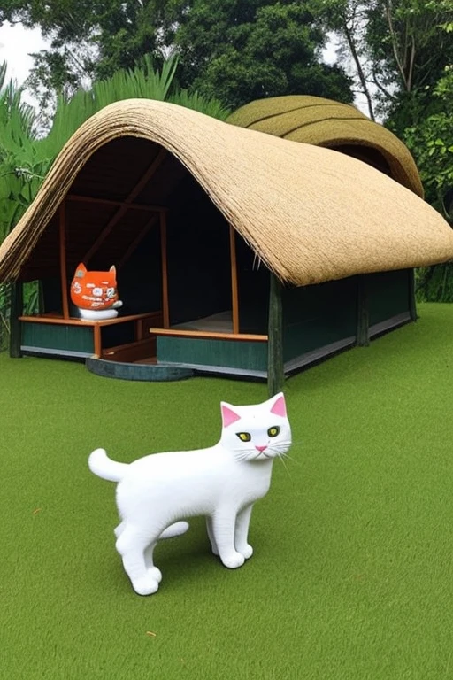 lucky cat is located on a circular thatched hut