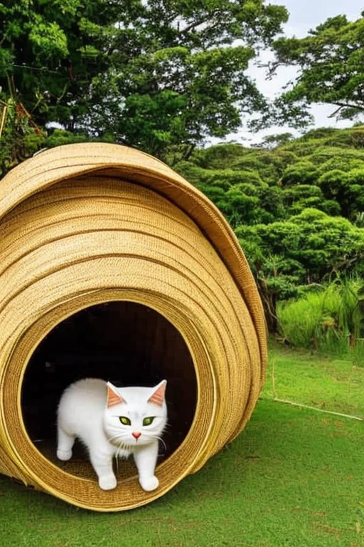 lucky cat is located on a circular thatched hut