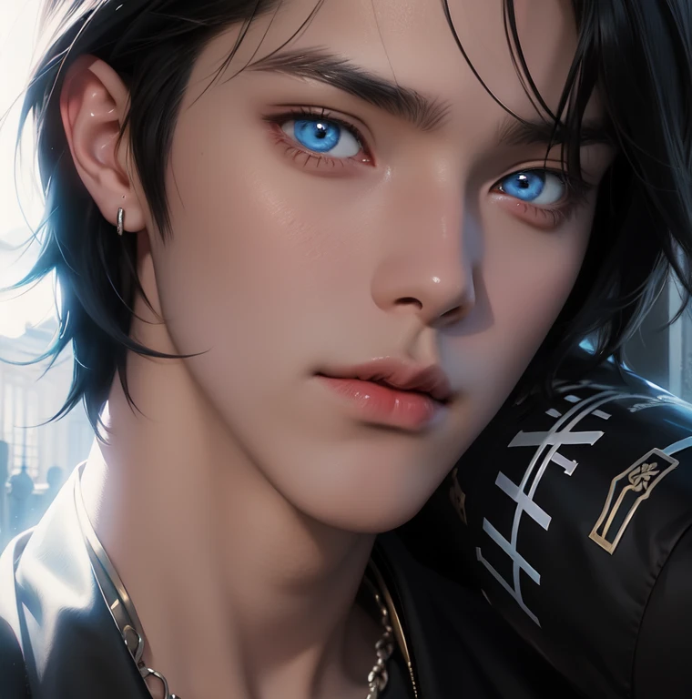 anime boy with blue eyes and a black hair, sideways glance, hidari, gildhardho, godrays digital painting, halfbody portrait, g liulian art style, drawn with photoshop, inspired by Sadamichi Hirasawa, halfbody headshot, guido, with out shading, gapmoe yandere, speedpaint