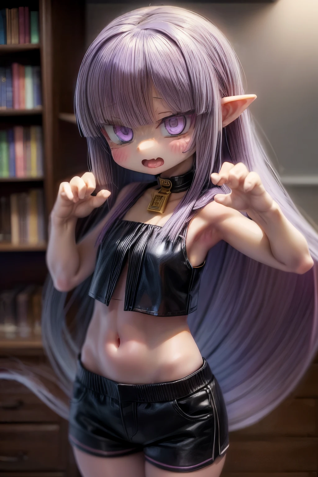 ((Masterpiece)), (Anime:1.3), ((best quality)), (RAW photo:1.2), (High Definition:1.3), (Professional Photography:1.2), (), (1girl), cute young girl, BREAK, (Screaming face:1.3), open mouth, (Beautiful purple eyes:1.5), (dark skin), elf girl, flat chest, slim body, (hair over eyes), (very long bangs:1.3), unruly hair, (medium hair), ((beautiful blond hair)), (wear short croptop), (Boxer pants), exposed navel, BREAK, ((best quality)), (kawaii Pose:1.4), in the corner of library,