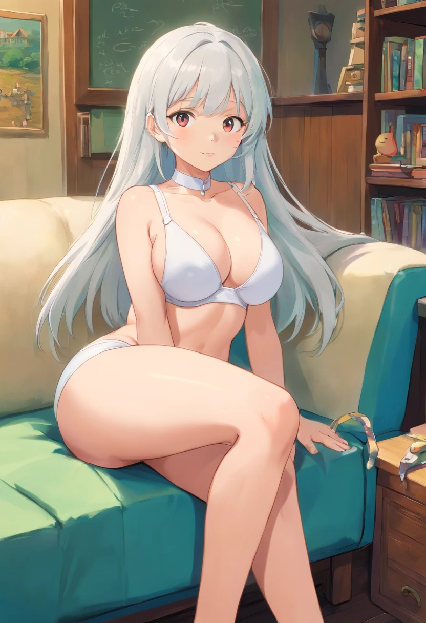 obra maestra、Maximum image quality、ultra high resolution、NSFW、big breasted elementary school girl、cabello corto、Cara linda、shyly、imitar、Por favor abre la boca un poco、Camisole that reveals the breasts for primary school girls.、white thong for primary school girls、Sitting on the couch with legs wide open.、Abre bien las piernas、crotch cloth of white thong for primary school girls、en la sala de estar