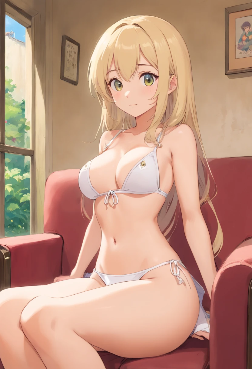 obra maestra、Maximum image quality、ultra high resolution、NSFW、big breasted girl、cabello corto、Cara linda、shyly、imitar、Por favor abre la boca un poco、Camisole that reveals the breasts for primary school girls.、whing for primary school girls、Sitting onouch with legs wide open.、Abre bien las piernas、crotch cloth of white thong for primary school girls、en la sala de es