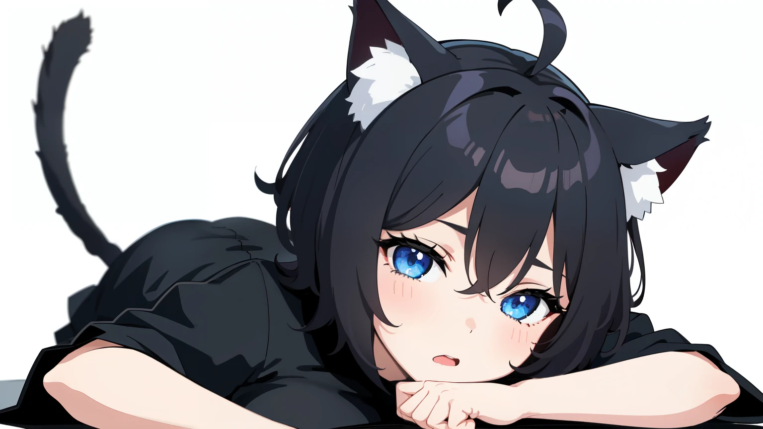 looking at the viewer, 1人のgirl, open your mouth, drunk face、girl、((highest quality, expensive_solve, clear_image)),(black hair), (black cat ears), (Ahoge), (ridiculously short hair), (wavy hair), (blue eyes)、very big breasts,wore a dress、background night road、Closed eyes、Lying down、face close up