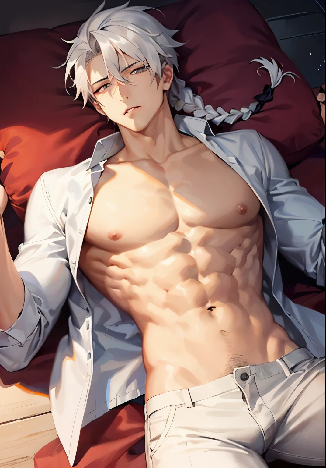 male focus, boy, shirt, yaoi, lying, white hair, pants, nipples, pectorals, open shirt, white shirt, open clothes, white hair, muscular male, on back, muscular, looking at another, black pants, braid