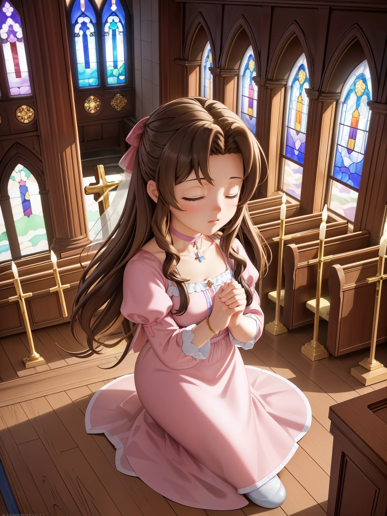 (highest quality,4k,8K,High resolution,masterpiece:1.2),Super detailed,(realistic,photorealistic,photo-realistic:1.37),, ((Little Aerith Gainsbourg)), choker, cropped jacket, hair ribbon, bracelet, pink dress, ((inside the church, A woman lies peacefully sleeping on the altar of the chapel.)), Decorate your body with many beautiful flowers on the altar, Funeral scene for the deceased Aerith.、inside the church, Inside the chapel, stained glass window, Composition with light pouring down from the ceiling., A view of her from above