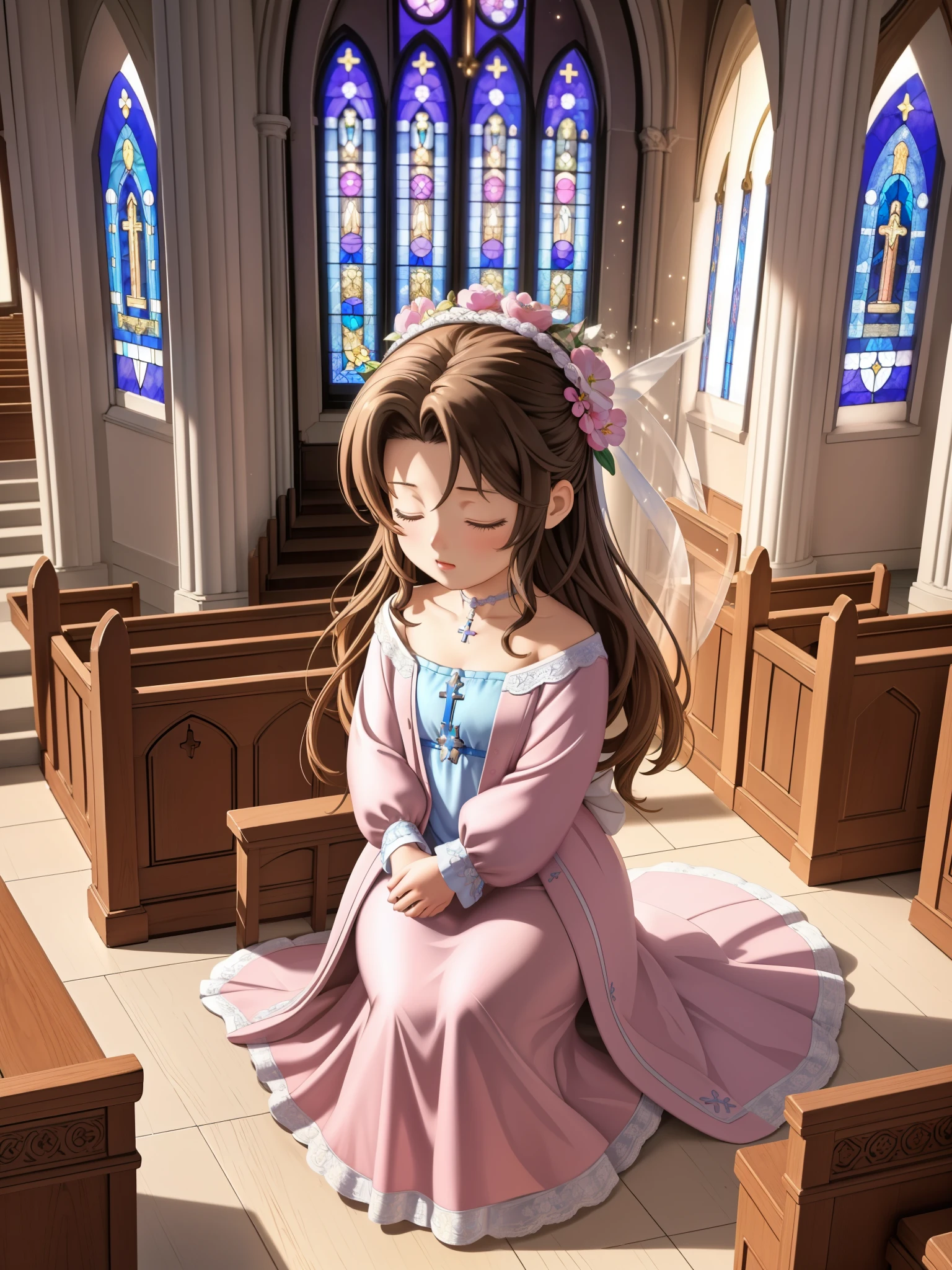 (highest quality,4k,8K,High resolution,masterpiece:1.2),Super detailed,(realistic,photorealistic,photo-realistic:1.37),, ((Little Aerith Gainsbourg)), choker, cropped jacket, hair ribbon, bracelet, pink dress, ((inside the church, A woman lies peacefully sleeping on the altar of the chapel.)), Decorate your body with many beautiful flowers on the altar, Funeral scene for the deceased Aerith.、inside the church, Inside the chapel, stained glass window, Composition with light pouring down from the ceiling., A view of her from above