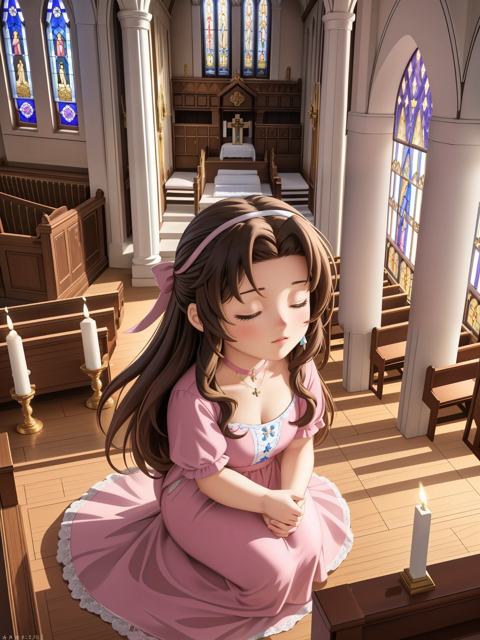 (highest quality,4k,8K,High resolution,masterpiece:1.2),Super detailed,(realistic,photorealistic,photo-realistic:1.37),, ((Little Aerith Gainsbourg)), choker, cropped jacket, hair ribbon, bracelet, pink dress, ((inside the church, A woman lies peacefully sleeping on the altar of the chapel.)), Decorate your body with many beautiful flowers on the altar, Funeral scene for the deceased Aerith.、inside the church, Inside the chapel, stained glass window, Composition with light pouring down from the ceiling., A view of her from above