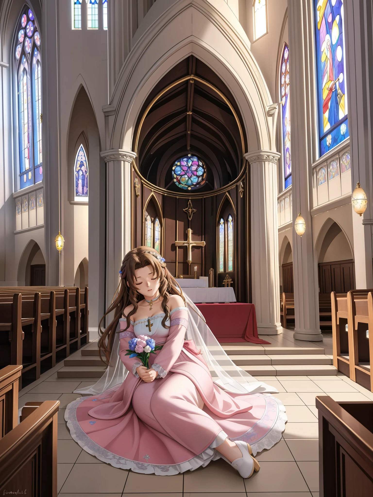 (highest quality,4k,8K,High resolution,masterpiece:1.2),Super detailed,(realistic,photorealistic,photo-realistic:1.37),, ((Little Aerith Gainsbourg)), choker, cropped jacket, hair ribbon, bracelet, pink dress, ((inside the church, A woman lies peacefully sleeping on the altar of the chapel.)), Decorate your body with many beautiful flowers on the altar, Funeral scene for the deceased Aerith.、inside the church, Inside the chapel, stained glass window, Composition with light pouring down from the ceiling., A view of her from above