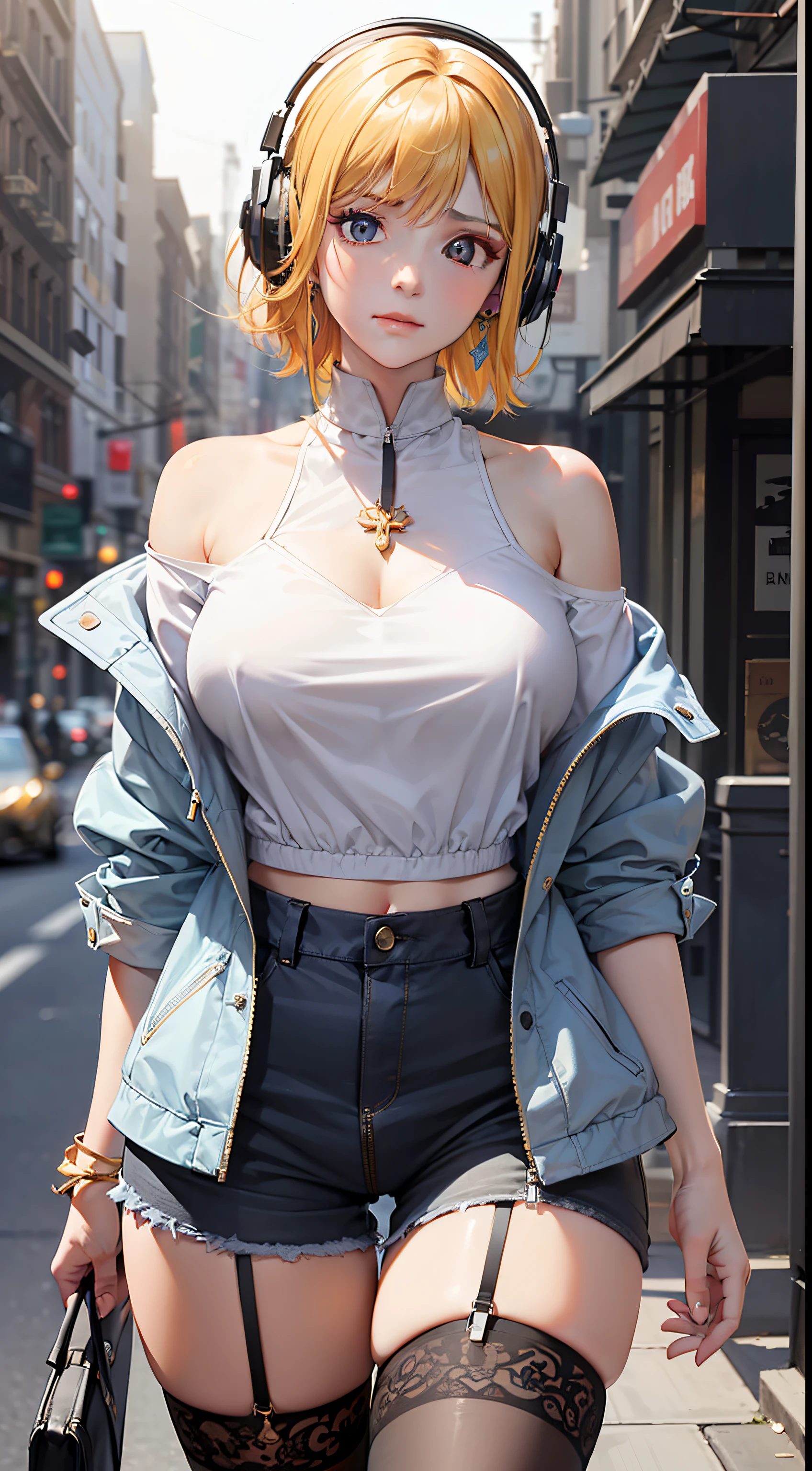 ((masterpiece)),(best quality), (illustration),((extremely detailed CG unity 4k wallpaper)),((ultra -detailed)),(cinematic lighting),official_art, beautiful and detailed glow,dynamic angle,(cinematic lighting),huge_filesize,Celluloid,
(an extremely delicate and beautiful girl:1.2),(yellow hair),hair behind ear,straight hair,purple eyes,(white off-shoulder shirt,halterneck,loose cropped jacket,black legwear,headphones,earrings,short),(head tilt),frown,(smile:0.85),,looking at viewer,reticule,
building, (streetscape), ,