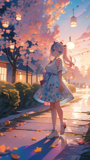 (rainbow colored hair, colorful hair, half silver、half pink hair: 1.2), ,long hair、(Cinematic digital artwork: 1.3), high quality, table top, Turquoise eyes、最high qualityの, Super detailed, figure, [4K digital art]!!、 Kyoto animation style, one woman, clavicleの美しさ, clavicle, light, want, , positive, Dead leaves dance、（Ocean、sandy beach）、full moon、On a tree-lined street、taking a walk、((green、trendy clothes))、（（Scarlet、Polka dot unset, motivation, shine, dynamic perspective、Blue glasses、green色リボン、twin tails、embarrassed face、cute face、happy face
