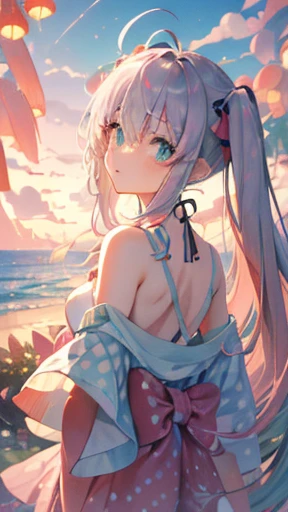 (rainbow colored hair, colorful hair, half silver、half pink hair: 1.2), ,long hair、(Cinematic digital artwork: 1.3), high quality, table top, Turquoise eyes、最high qualityの, Super detailed, figure, [4K digital art]!!、 Kyoto animation style, one woman, clavicleの美しさ, clavicle, light, want, , positive, Dead leaves dance、（Ocean、sandy beach）、full moon、On a tree-lined street、taking a walk、((green、trendy clothes))、（（Scarlet、Polka dot unset, motivation, shine, dynamic perspective、Blue glasses、green色リボン、twin tails、embarrassed face、cute face、happy face