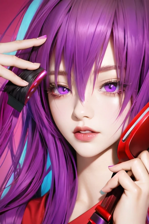 purple haired girl with purple hair and red eyes holding a purple brush, red and purple coloring, some red and purple, realistic anime artstyle, red and purple, purple and red, with vivid purple eyes, anime styled digital art, semirealistic anime style, anime style digital art, anime digital art, made with anime painter studio, advanced anime digital art