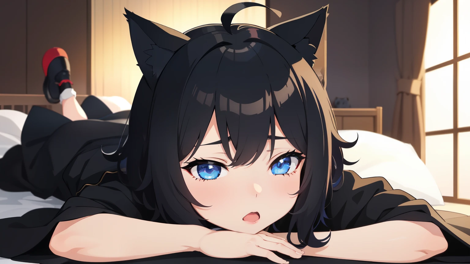 Looking at the audience, 1 girl, Open your mouth, smile, Virtual YouTuber、With a girl、((highest quality, expensive_solve, clear_image)),(Black Hair), (Black cat ears), (Ahoge), (Incredibly short hair), (Wavy Hair), (blue eyes)、Very large breasts,He was wearing a shirt、Gentle laughter、Valley view、Lie、Lure