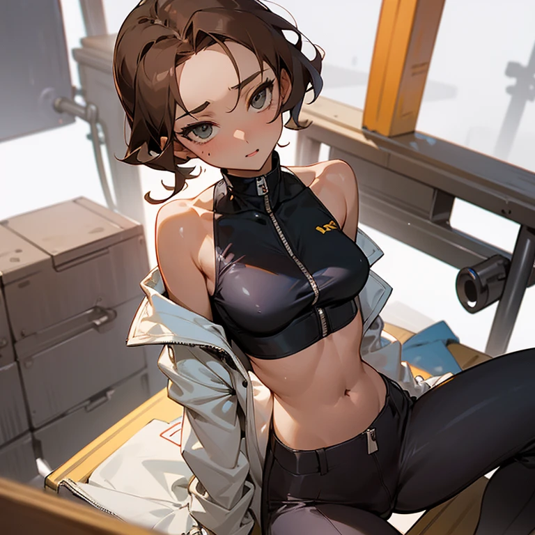 sexy、sex appeal、sex appealがすごい、Overflowing pheromones、sitting with hands on chest、slender、big breasts、Goggles on foreheadをつけている、small ass、A slender and delicate mechanic girl、Roomy clothes、Dowel dowel trousers、oversized cargo pants、It's a bellybutton、Front zip high neck top、crop top、bare shoulders、off shoulder、work gloves、Goggles on forehead、brown skin、Middle hair、slender、big breasts、cleavage、choker、high leg pants、hot air、Sweat、