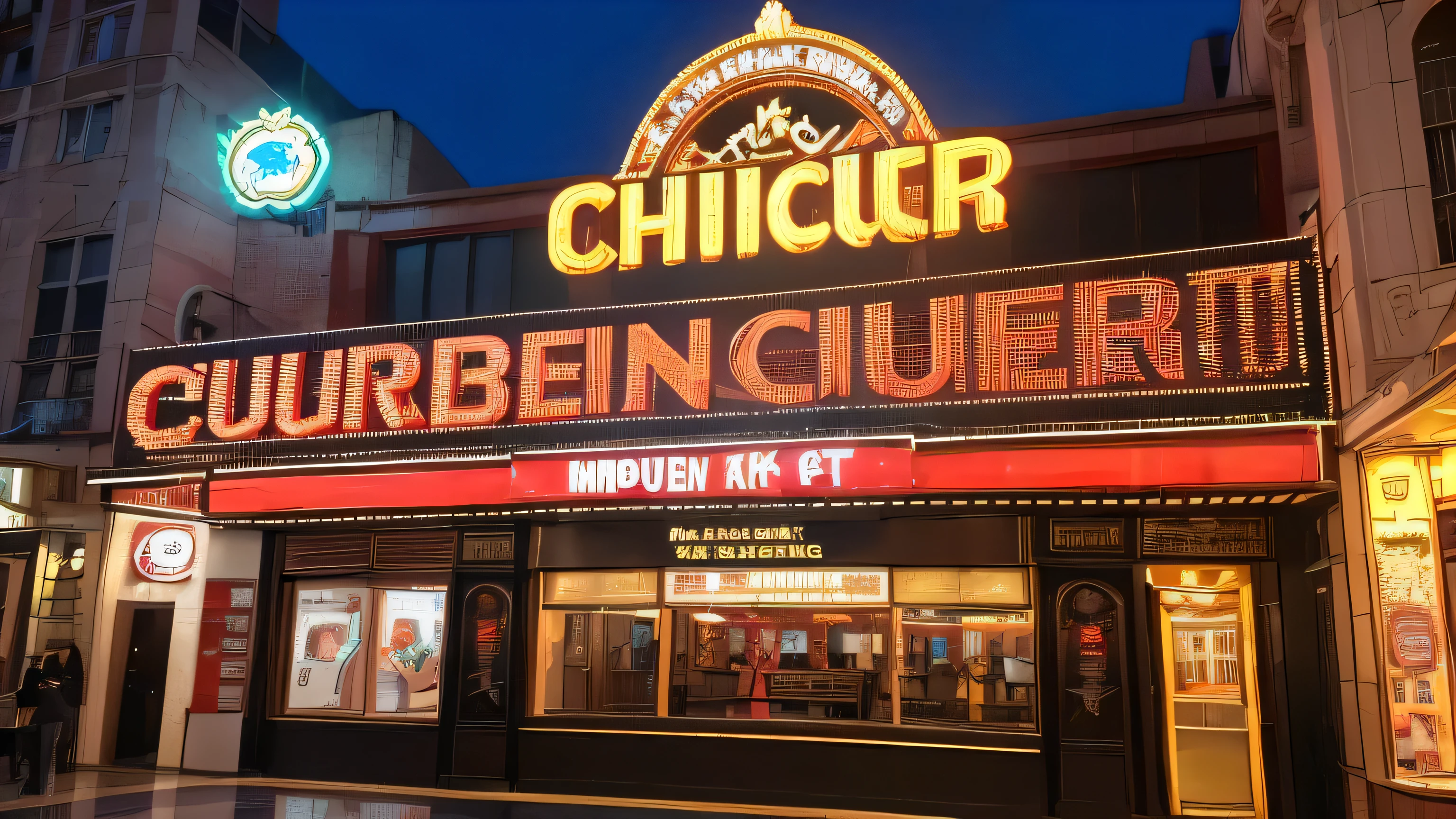 ((Best quality, 8K, Masterpiece :1.3)), Façade of a cinema called CINEBURGUER:
A stunning, high-definition masterpiece, this image captures the exquisite façade of the renowned CINEBURGUER. The intricate details of the building's architecture are brought to life with sharp lines and perfect textures.
The cinemas' brickworks display a rich, earthy color, while the sign, illuminated in bold, vibrant letters, glows invitingly in the night. A sense of depth is created through the intricate use of depth-of-field and professional lighting, showcasing every detail with