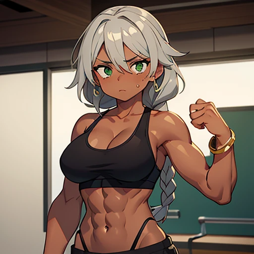 Muscular,women,gray hair,brown skin,Lazio hair, a braid over the shoulder, green eyes,black gym bra,pants,embarrasing expression,Bracelet on left hand ,solo,breasts