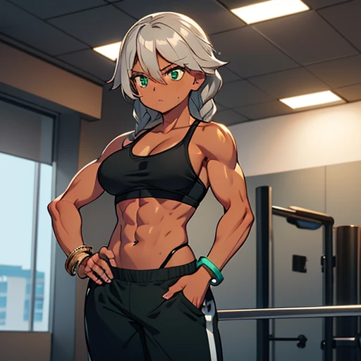 Muscular,women,gray hair,brown skin,Lazio hair, a braid over the shoulder, green eyes,black gym bra,pants,embarrasing expression,Bracelet on left hand ,solo,breasts