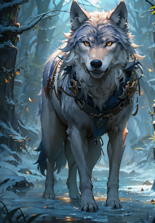 masterpiece, highest quality, ((Beautifully detailed wolf)) (Highly detailed CG Unity 8K wallpaper), Professional majestic oil painting by Ed Blinky, Atea Geiran, Studio Ghibli, Jeremy Mann, Greg Manchesa, Antonio Moro, Popular at Art Station, Trend Mid-Journey and Greg Rutkowski, CGSociety, Complex, high detail, clear focus, dramatic, realistic painting