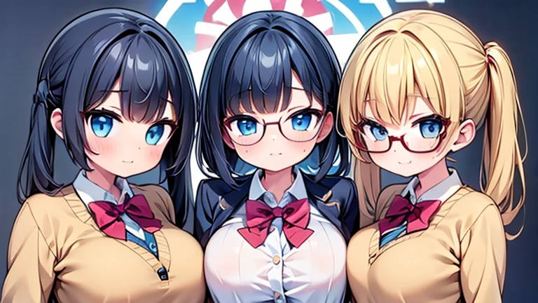 highest quality,wonderful,finely,extremely detailed CG unity 8k wallpaper,3 girls, big breasts,Beige School Cardigan, bow tie, huge breasts, black hair, glasses, blue eyes,twin tails, highest quality,Super detailed,unity 8k wallpaper,game CG,oily skin, shiny skin,