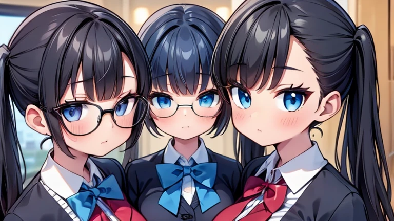 highest quality,wonderful,finely,extremely detailed CG unity 8k wallpaper,3 girls, big breasts,Beige School Cardigan, bow tie, huge breasts, black hair, glasses, blue eyes,twin tails, highest quality,Super detailed,unity 8k wallpaper,game CG,oily skin, shiny skin,