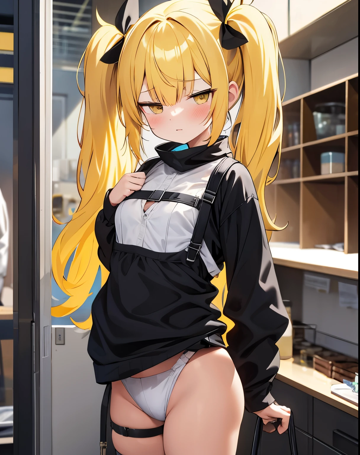yellow hair,small breasts,Completely naked,twin tails,girl,slave,During heavy work,exposed,Man juice transparent,black mask