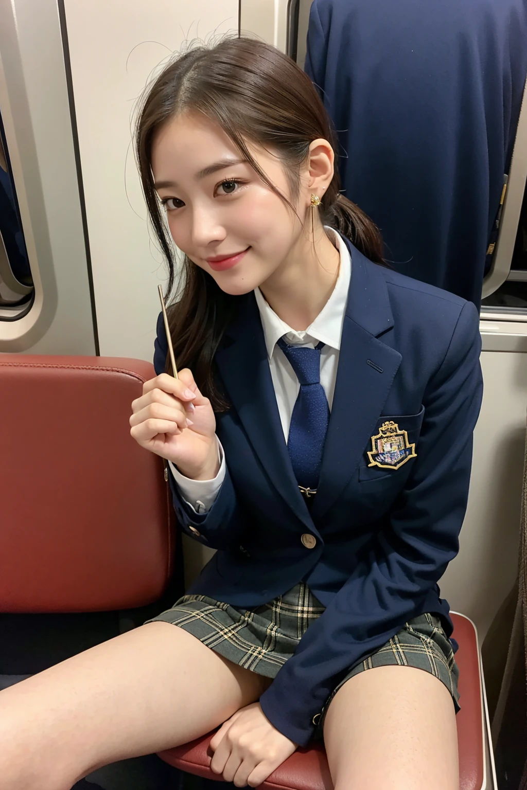 (8K), (highest quality: 1.2), (realistic), (realistic: 1.37), ultra high resolution, 1 girl, cute, smile, closed mouth, beautiful details, beautiful nose, wet hair, giant dulcefo, pork, thighs，self snap,University Student Uniform,simple blazer,Tartan check pleated skirt,Sitting on a train in Tokyo,cross your legs, From above,thighs,ponytail,earrings,thigh-high socks,looking away