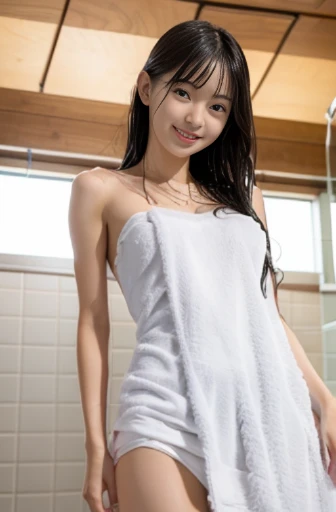 NSFW、highest quality、8K、no makeup、masterpiece、clear pictures、ultra high resolution、Photoreal、professional lighting、Cinematography、smile、super slender、delicate body、pretty girl、small breasts、white skin、long hair、straight hair、wearing a wet white shirt:1.6、I&#39;m wearing white panties、full body shot:1.6