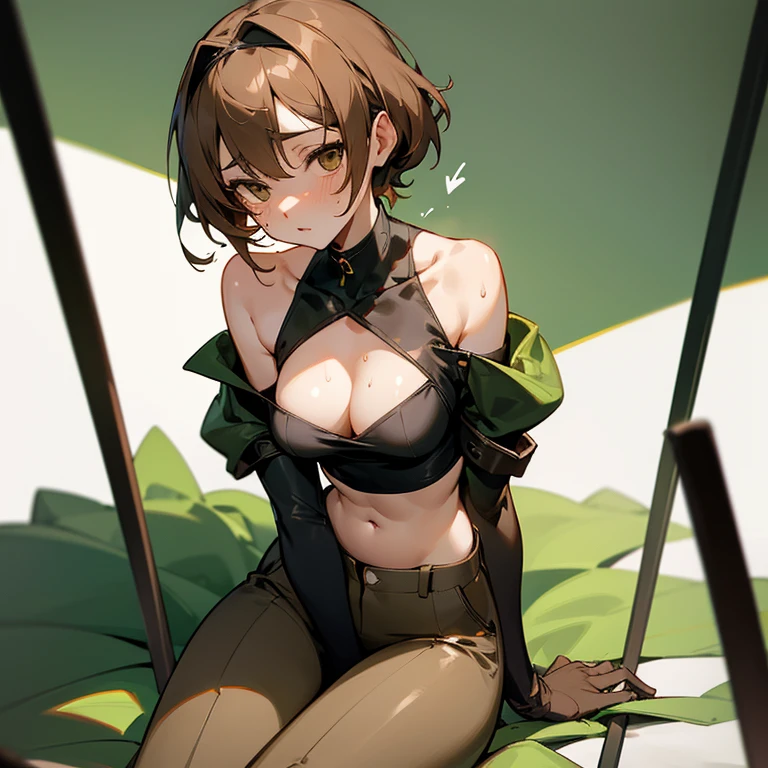 sexy、sex appeal、sex appealがすごい、Overflowing pheromones、sitting with hands on chest、slender、big breasts、Goggles on foreheadをつけている、small ass、A slender and delicate mechanic girl、Roomy clothes、Dowel dowel trousers、オーバーサイズのoff shoulderのジャケット、oversized cargo pants、It's a bellybutton、Front zip high neck top、crop top、bare shoulders、off shoulder、work gloves、Goggles on forehead、brown skin、Middle hair、slender、big breasts、cleavage、choker、high leg pants、hot air、Sweat、