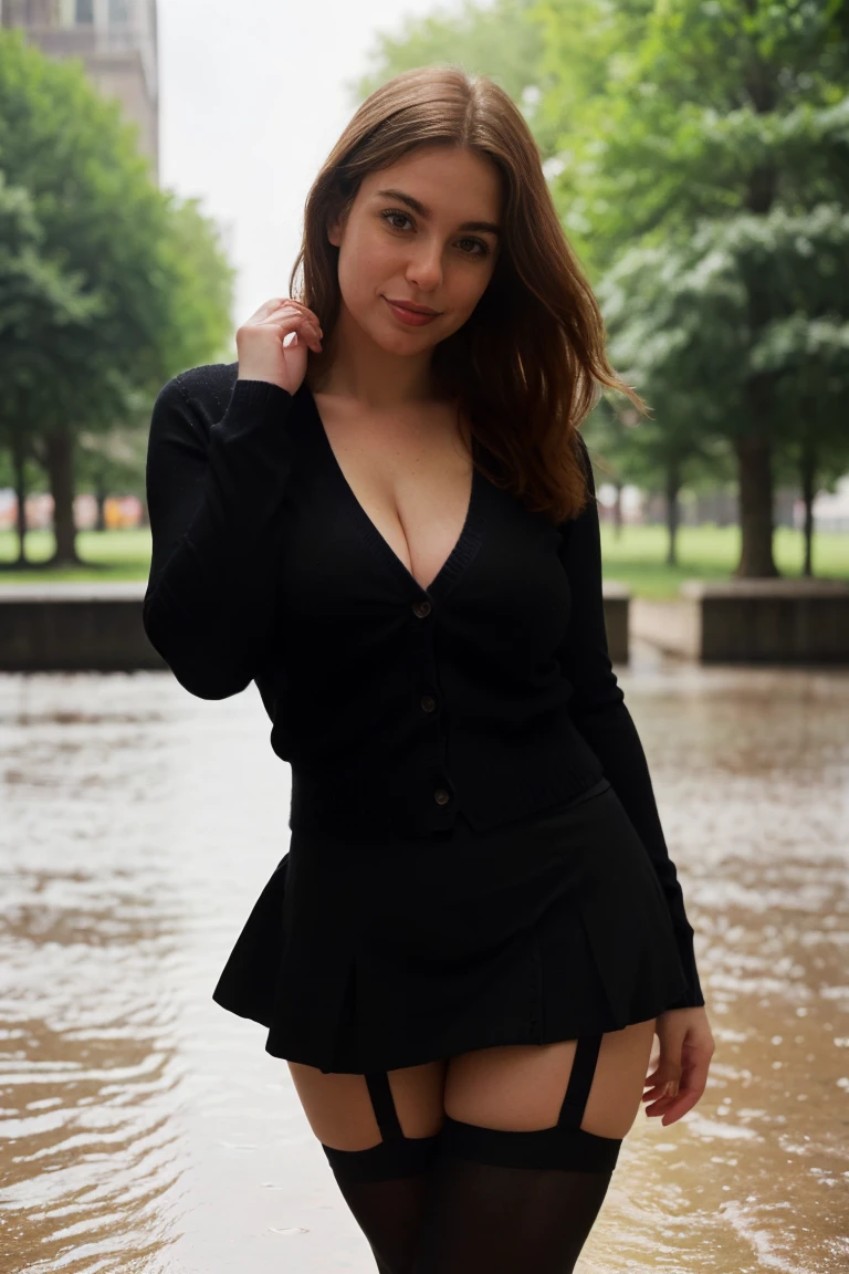 (Obra maestra, 16k,8k,4k ,Ultra detallado:1.2),(1girl:1.1), brunette, standing, Swedish girl, cute, (pale white skin:1.2), (big chest:1.3), (wears a cardigan and a black tight 60s miniskirt:1.4), (large boobs:1.3), (tights and garter:1.3), provocative, ( bursting tshirt:1.3), revealing, low crop,skinny, common girl, makeup, gamer girl, outside, rainy day, Reddit pic, Snapchat pic, social media, london, tiktok pose, hands hidden behind, simple clothes, hm, Zara, consistent clothes, lululemon, fitting clothes, sexy, realistic, high res, real photo, viral, A stunning intricate color close up portrait of (sks woman:1) ,epic character composition, sharp focus, natural lighting, subsurface scattering, f2, 35mm, film grain, , by Gregory Crewdson, film grain, high detail