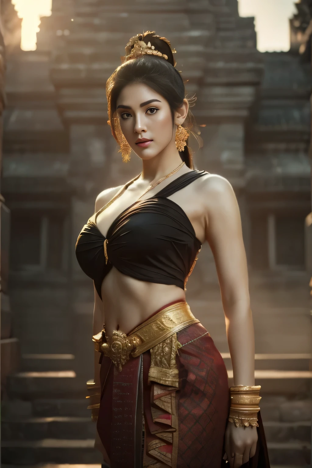 beautiful girl ,Thailand Female Warior, walking at thai temple, dynamic poses, chut thai, Long ponytail hair,black eyes,abdominal muscles, plumpy body, rounded breast, (big breast:1.3), cleavage, Morning sunshine, Eyes on the audience, (dynamic poses), ((face details)), Double eyelids, reeds, realistic, masterpiece, highest quality, lens flare, shade, old temple, temple, [[chromatic aberration]], by Jeremy Lipking, by Antonio J. Manzanedo, digital painting, HDR, high contrast
