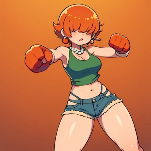 High quality,orange hair,short hair, fluffy hair,breasts,Curvy legs,Earrings,pearl Necklace,denim shorts,red gloves,Green tank top, punching at viewer 