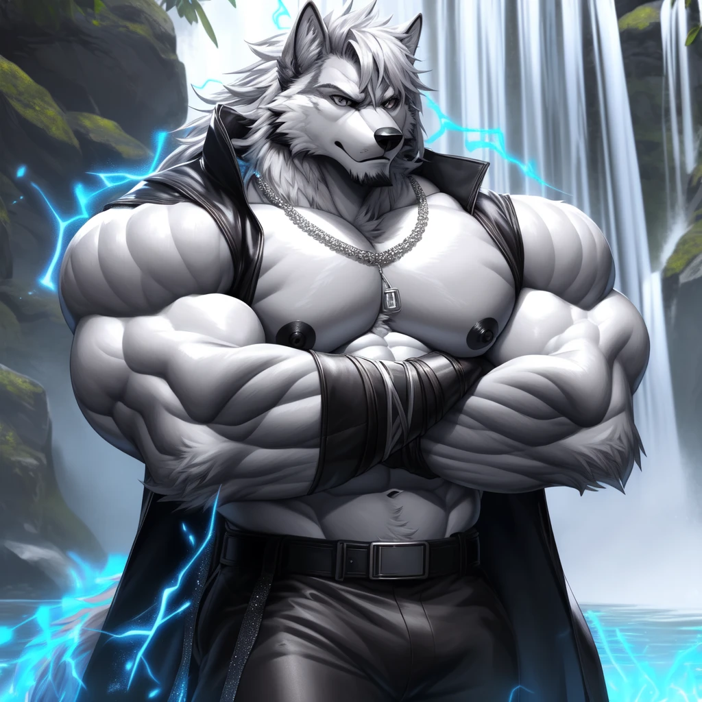 (upload on e621) (Masterpiece) (by Drks) (best quality) (ultra high res) 4K (8k HD) 2D (perfect anatomy) (digital art) (official art) (extreme detailed) (ultra detailed) (strapsanime) color (soft shading) (sharp focus) (waterfall background) 1man silver body fur silver belly detailed fluffy fur (ultra detailed face) detailed eyes detailed iris eyes detailed silver eyes (white sclera) black pupils big navel abs bare pectoral (((huge black shiny ))) black claw nails furry wolf male mature ilver giant bulky muscular body fur giant size canid (((huge muscles))) (((hyper muscles))) huge pecs (((oversize pecs))) huge biceps (((giant biceps))) (((fullbody))) canine canis mammal powerful wolf god wolf male calm cool collected demeanor face badass wolf anthro solo standing (((wearing silver full complete sleeveless long trench coat jacket))) (((silver longest length hair))) (((silver longest length back fur hair))) (((silver longest length hair fur front lay on pecs))) (((perfect fingers))) (((five fingers))) dark black hands and fingers (((wearing silver fingerless gloves))) (((silver arm bands on his biceps))), (((three silver arm bands on his forearms))) (((dark black huge bead necklaces))) (((dark black huge longer bead necklaces around neck to pecs))) (((silver long wolf tail))) (((black long pants with silver lines with belt straps on both legs))) (((silver electricity and glitter aura flow entire body))) (((silver glowing aura his entire body))) (((crossed arm pose)))