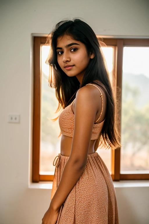 RAW photo, a portrait photo of cute college girl, Indian college girl, 19 years old, cute, sundress, slim, fitness girl, natural skin, blonde, interior, sunset, 8k uhd, high quality, film grain, Fujifilm XT3