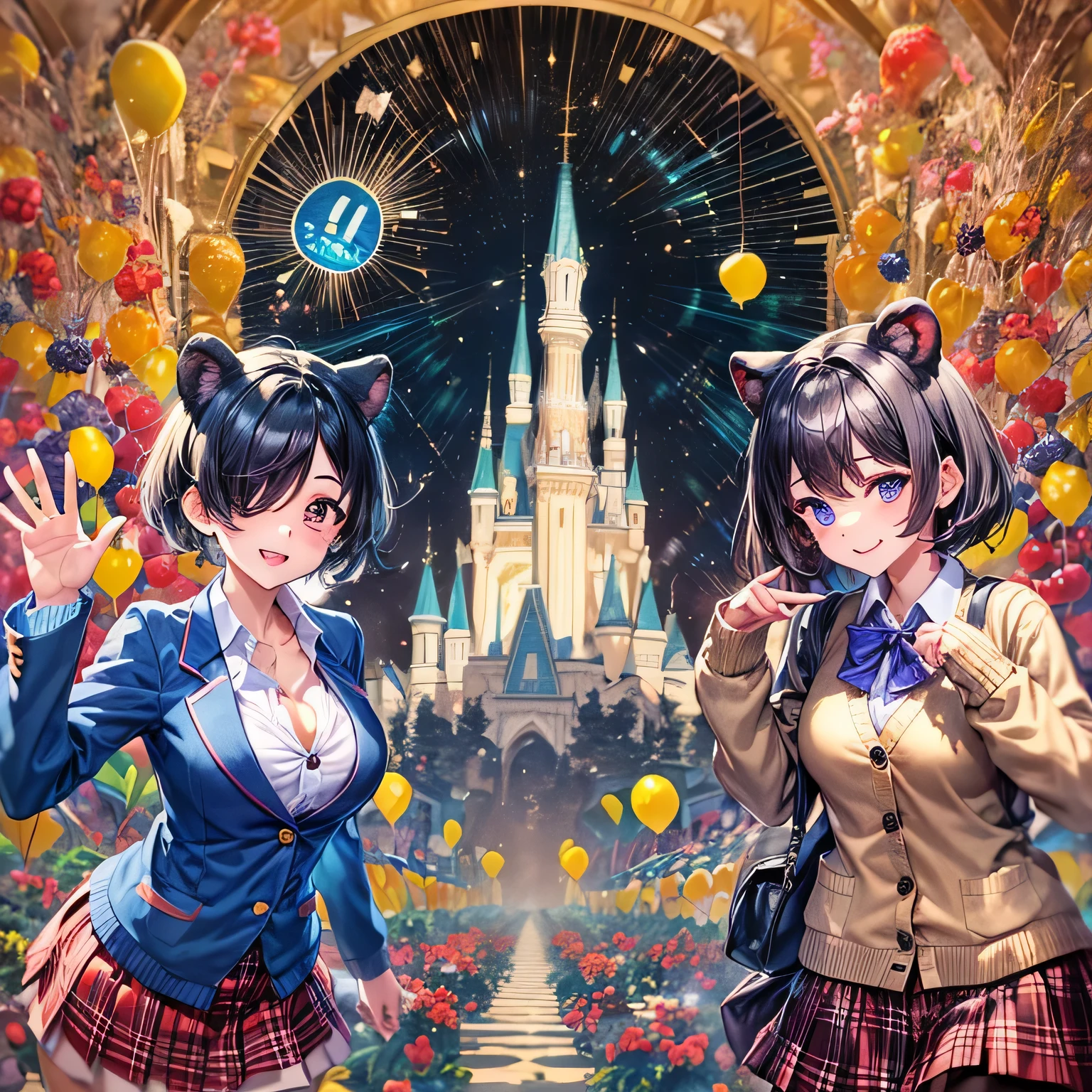 mate piece, highest quality,Super detailed,masterpiece,  (city:1.3), (many balloons flying,theme park city background:1.2), ((Close-up)), ((face focus)), (Two people with their hands🫶:1.3), girl on the right(((Kemonomimi girl with black bear ears:1.2)), ((black hair berry berry short:1.3)), plump and glossy lips, (beautiful purple eyes:1.3), spoken heart, (best smile), spoken heart, (cute pose:1.2), perfect hands, (school uniform:1.2), (Body-fitting beige cardigan:1.4), ((long sleeve, sleeves past the wrist):1.2), (white collared shirt underneath:1.3), ((raise button, Not loose):1.5),(red plaid pleated skirt:1.3), ((dark brown pantyhose):1.2)), girl on the left(((Kemonomimi girl with black bear ears:1.2)), ((black hair berry berry short:1.3)), (One eye is hidden by hair:1.5), big breasts, plump and glossy lips,  spoken heart, (best smile), spoken heart, (cute pose:1.2),perfect hands🖐,  (blue blazer school uniform:1.2), (Blouse with large open collar:1.3), (red skirt), highest quality, masterpiece,