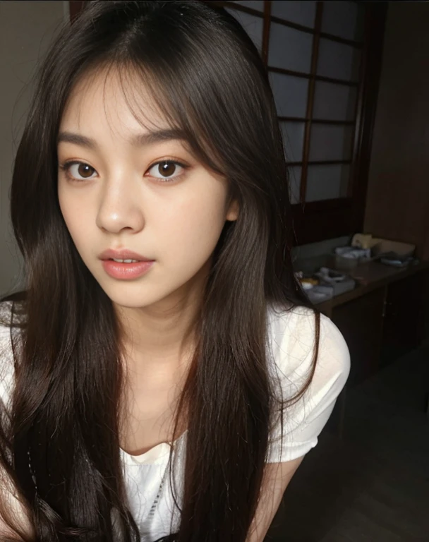 Araafed Asian woman with long brown hair and white shirt, bae suzy, lalisa manobal, linda atriz coreana, Com franja, tzuyu de duas vezes, Korean facial features, franja repartida ao centro, linda mulher sul-coreana, franja fofa, she has black hair Com franja, adorable and pale korean face, young lovely korean face, coreana, jennie blackpink
