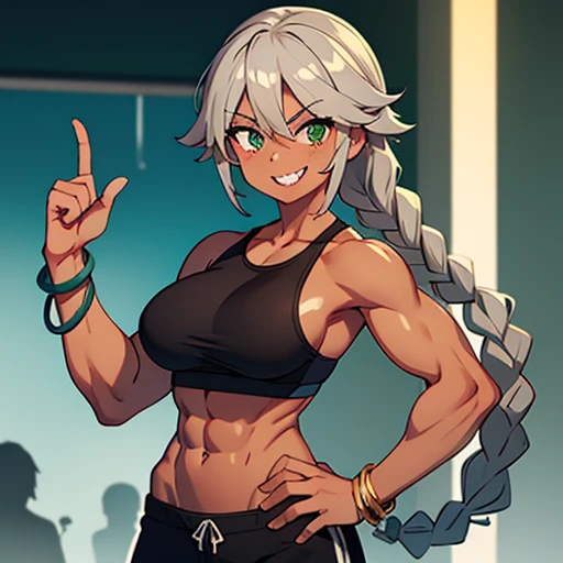 Muscular,women,gray hair,brown skin,Lazio hair, a braid over the shoulder, green eyes,black gym bra,pants,Sharp teeth,smile,Bracelet on left hand ,solo,breasts,point at viewer