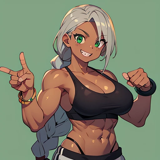 Muscular,women,gray hair,brown skin,Lazio hair, a braid over the shoulder, green eyes,black gym bra,pants,Sharp teeth,smile,Bracelet on left hand ,solo,breasts,point at viewer