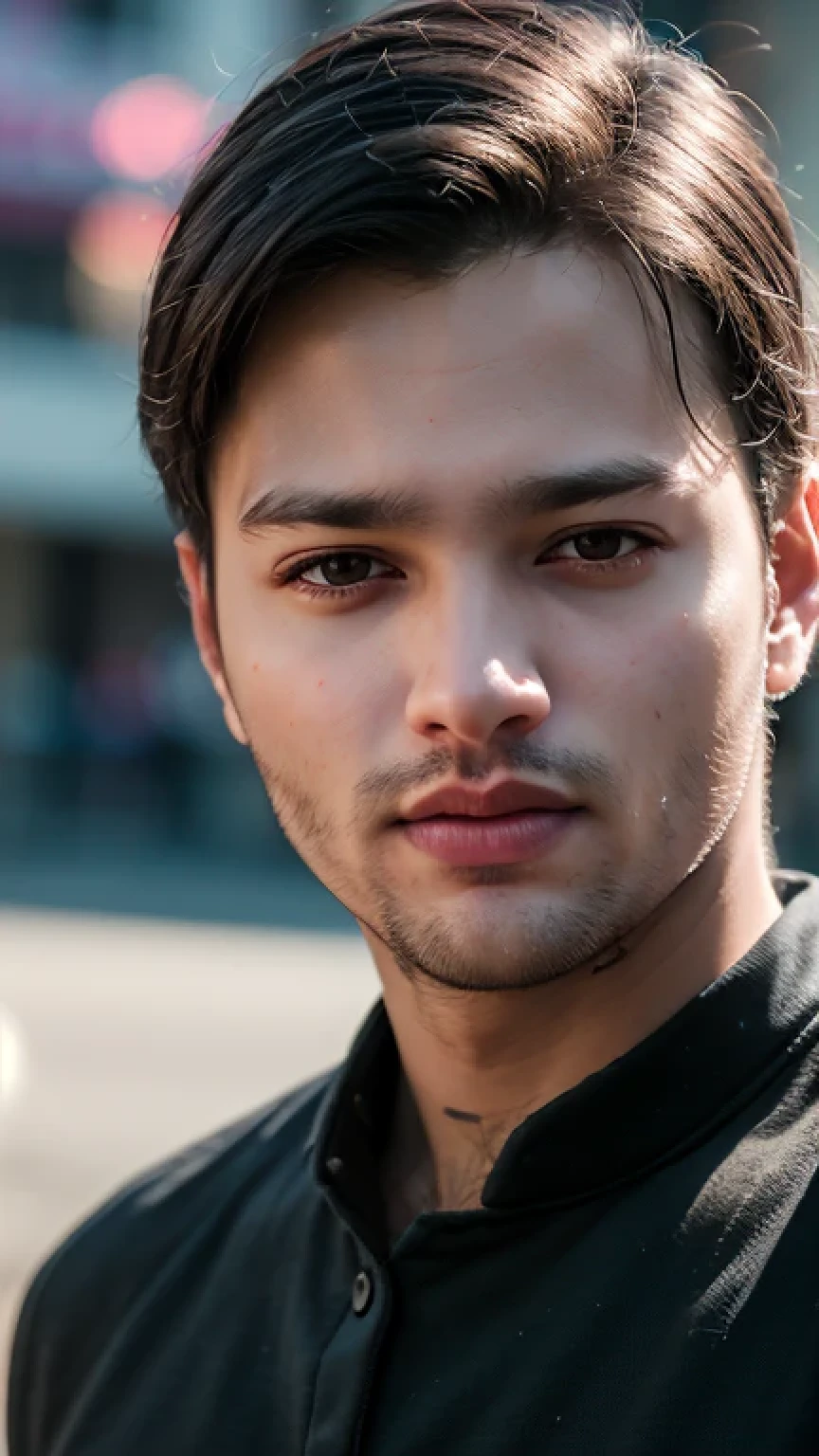 A beautiful young man with highly detailed skin,short trimmed beard,8k,high res,ultra realistic, photorealism,(real life photo,realistic:1.9),best quality,ultra-detailed,professional,vivid colors,sharp focus,physically-based rendering,studio lighting,bokeh,portraits, wearing black shirt.HDR